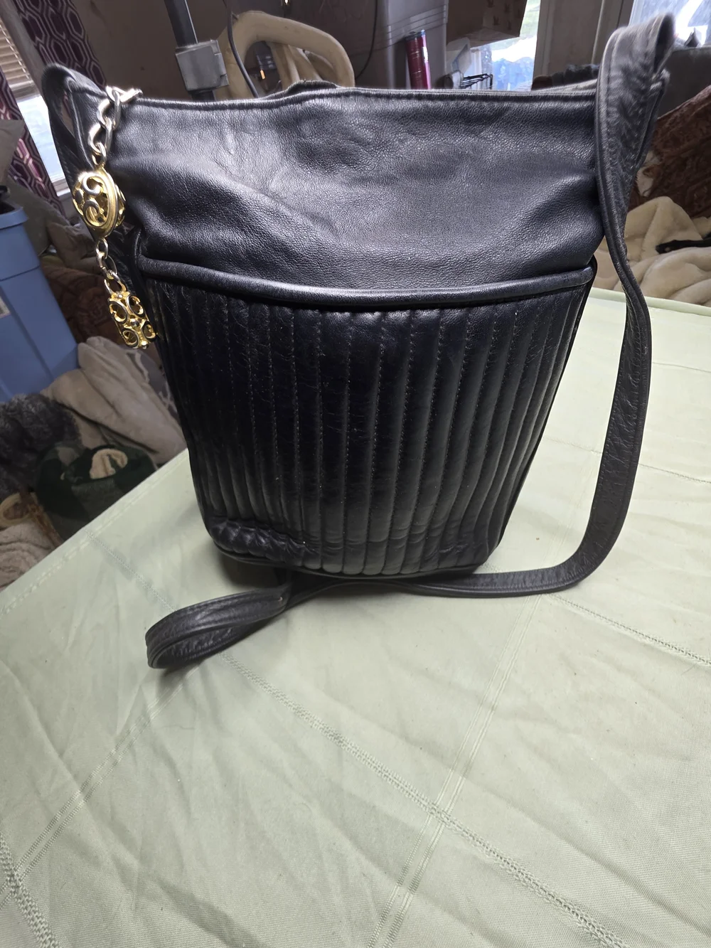 Vintage Paris Handbags New York Black Leather Pleated Bucket Bag - Metal Charm